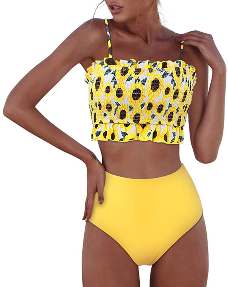 RXRXCOCO Womens Shirred Bandeau Bikini Cute Two Piece Swimsuit Off Shoulder High Waist Bathing Suit Apparel & Accessories > Clothing > Swimwear RXRXCOCO   