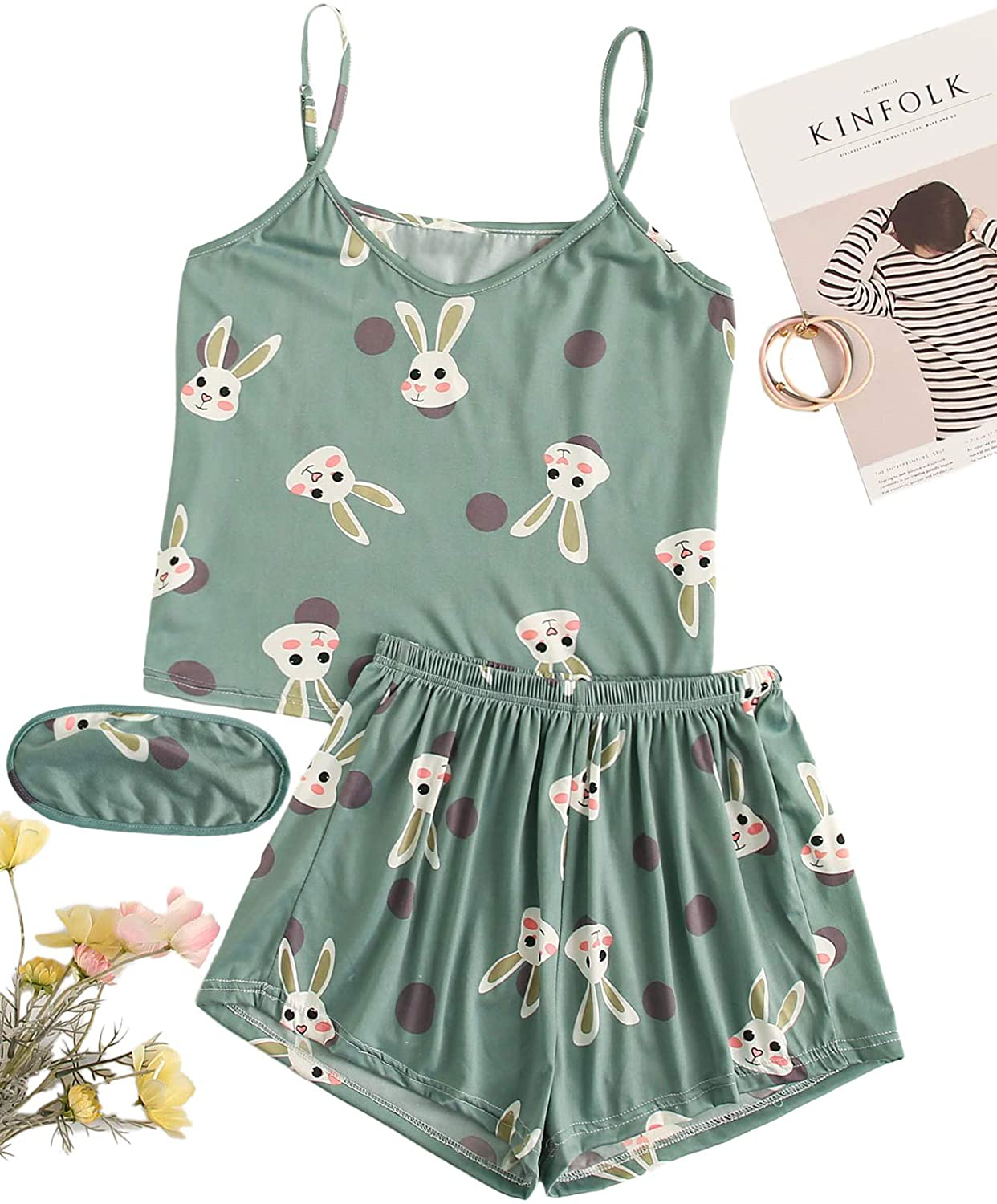 DIDK Women'S Cartoon Print Spaghetti Strap Cami Pajama Set Short Sleepwear Apparel & Accessories > Clothing > Sleepwear & Loungewear Kylie Max   