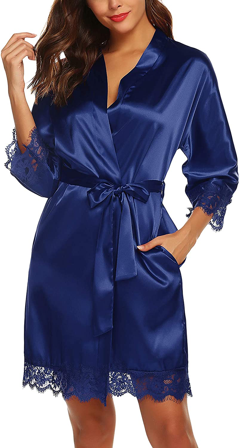 URRU Women'S Satin Silk Bathrobe Oblique V-Neck Short Kimono Robe Bridesmaids Robe S-XXXL Apparel & Accessories > Clothing > Sleepwear & Loungewear > Robes KYLIE MAX Navy Blue XX-Large 