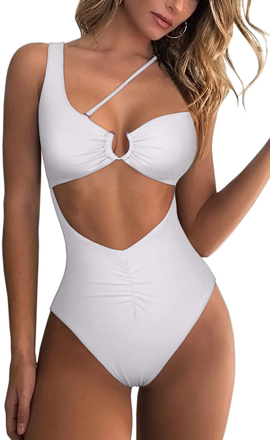 QINSEN Womens One Shoulder Cutout Ruched Back High Cut Monokini One Piece Swimsuit Apparel & Accessories > Clothing > Swimwear Kylie Max   