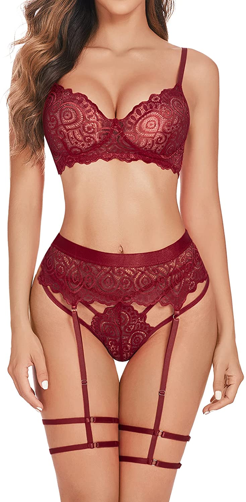 Avidlove Lingerie for Women Bra Panty Garter Set Sexy 3 Piece Lingerie Set with Garter Belts Apparel & Accessories > Clothing > Underwear & Socks > Lingerie Avidlove A-dark Red Large 