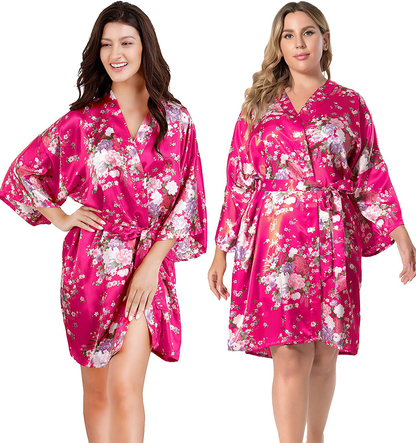 EPLAZA Women Floral Satin Robe Bridal Dressing Gown Wedding Bride Bridesmaid Kimono Sleepwear Apparel & Accessories > Clothing > Sleepwear & Loungewear > Robes EPLAZA Rose Small-Medium 