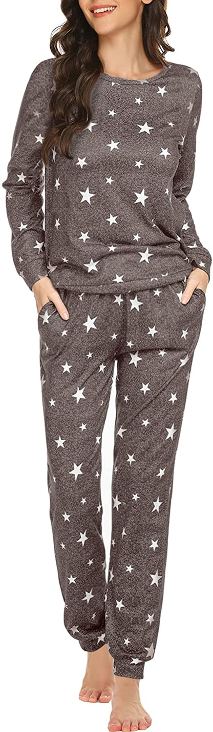 Ekouaer Womens Pajama Set Long Sleeve Sleepwear Star Print Nightwear Soft Pjs Lounge Sets with Pockets Apparel & Accessories > Clothing > Sleepwear & Loungewear > Pajamas Ekouaer A-brown White Star Small 