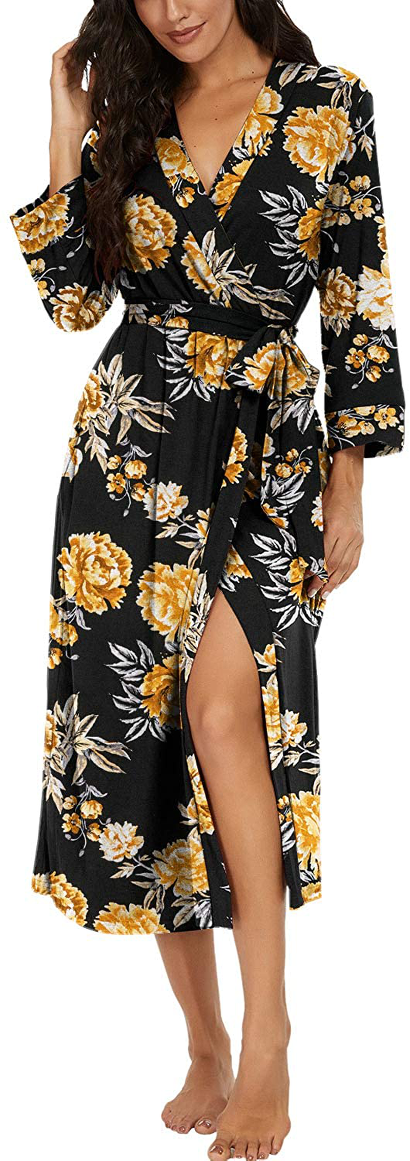 VINTATRE Women Kimono Robes Long Knit Bathrobe Lightweight Soft Knit Sleepwear V-Neck Casual Ladies Loungewear Apparel & Accessories > Clothing > Sleepwear & Loungewear > Robes VINTATRE C07 Fp-yellow Black Small 