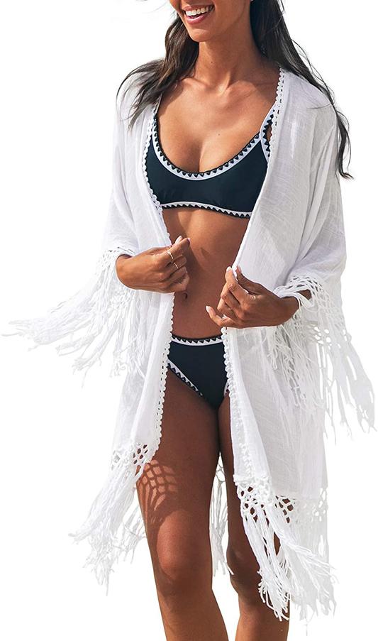 CUPSHE Women'S Tassel Long Kimono Cardigans Beach Swimsuit Bikini Cover up White Apparel & Accessories > Clothing > Swimwear Kylie Max   