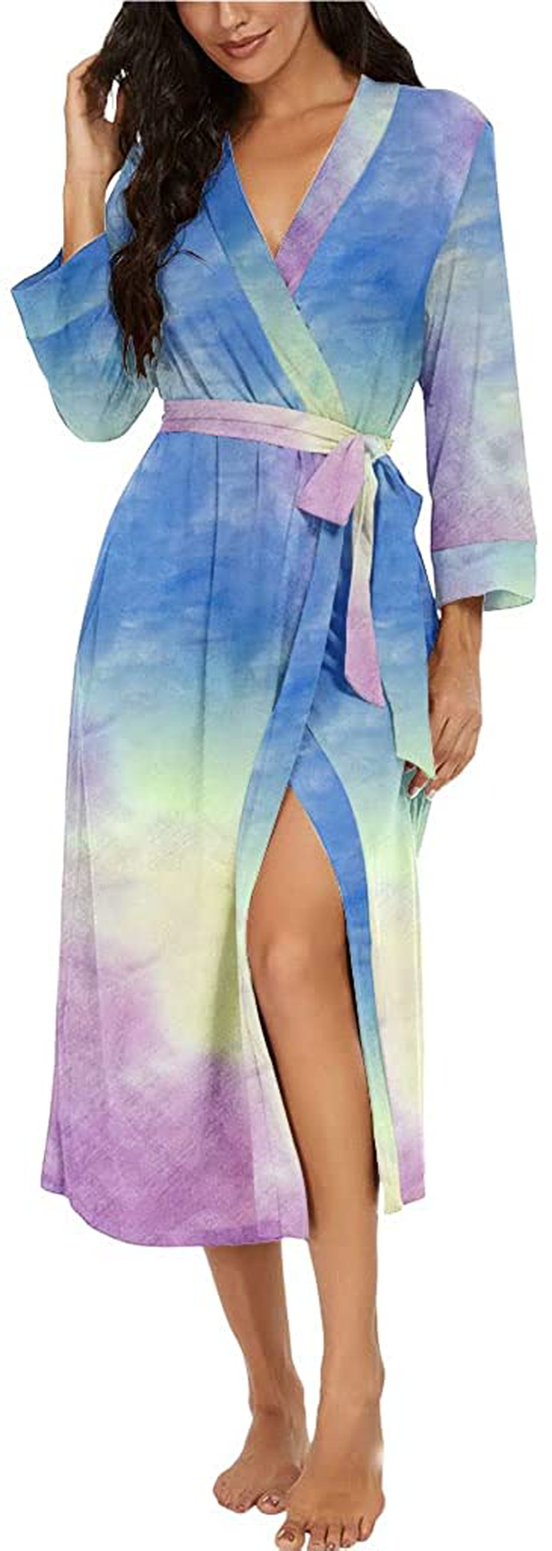 VINTATRE Women Kimono Robes Long Knit Bathrobe Lightweight Soft Knit Sleepwear V-Neck Casual Ladies Loungewear Apparel & Accessories > Clothing > Sleepwear & Loungewear > Robes VINTATRE Dye-yellow Blue Large 
