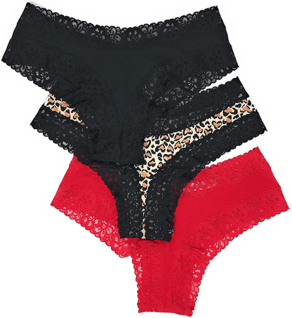 Victoria'S Secret Lace Cheeky Panty Set of 3 Apparel & Accessories > Clothing > Underwear & Socks > Underwear Victoria's Secret Black / Brown Heart Leo / Red Medium 
