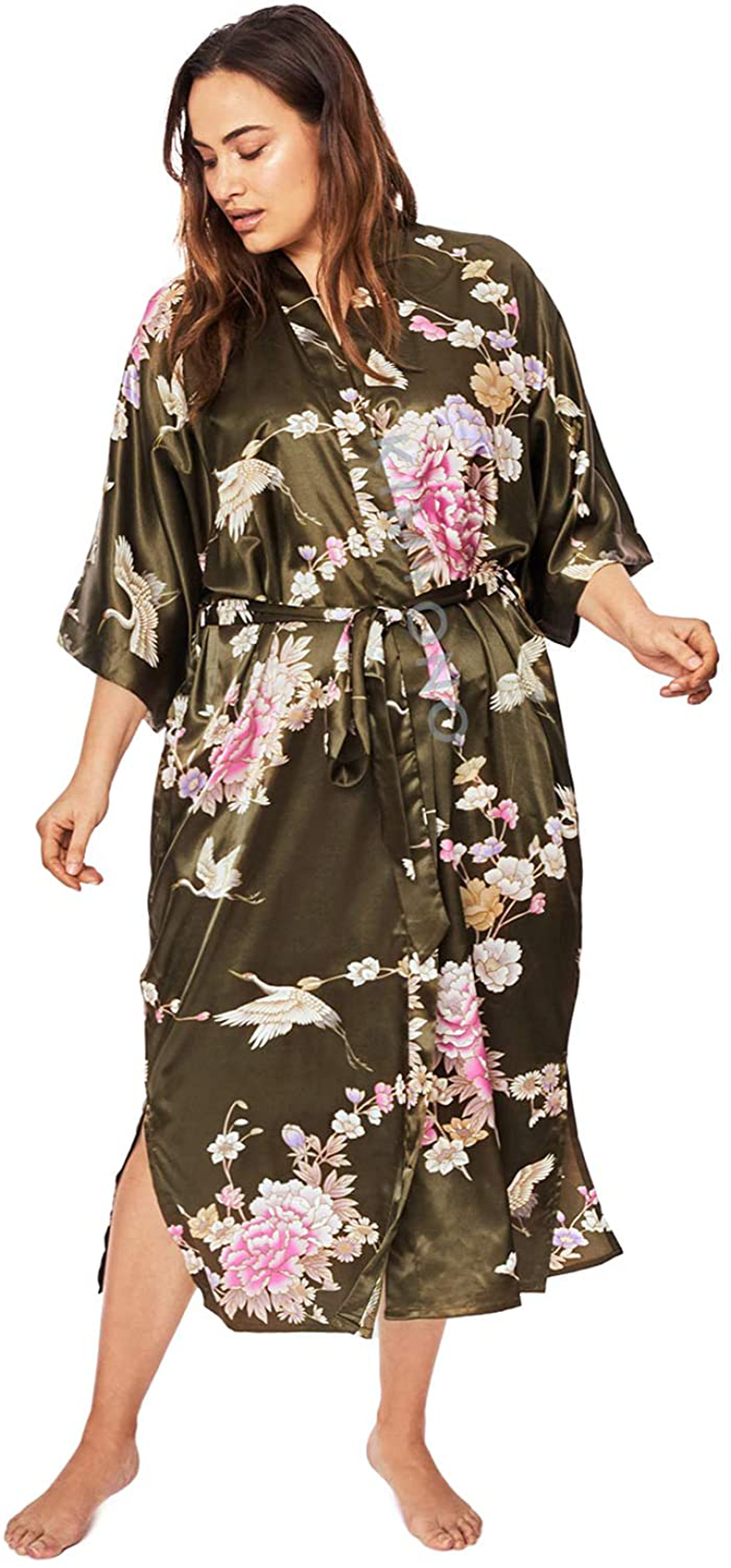 KIM+ONO plus Size Women'S Satin Kimono Robe Long - Floral Apparel & Accessories > Clothing > Sleepwear & Loungewear > Robes KIM+ONO Chrysanthemum & Crane - Caper  