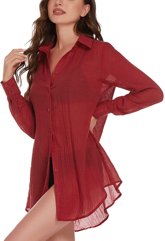 Ekouaer Button down Sleep Shirts for Women Sheer Long Sleeve Boyfriend Nightshirt S-XXL Apparel & Accessories > Clothing > Sleepwear & Loungewear > Nightgowns Kylie Max   