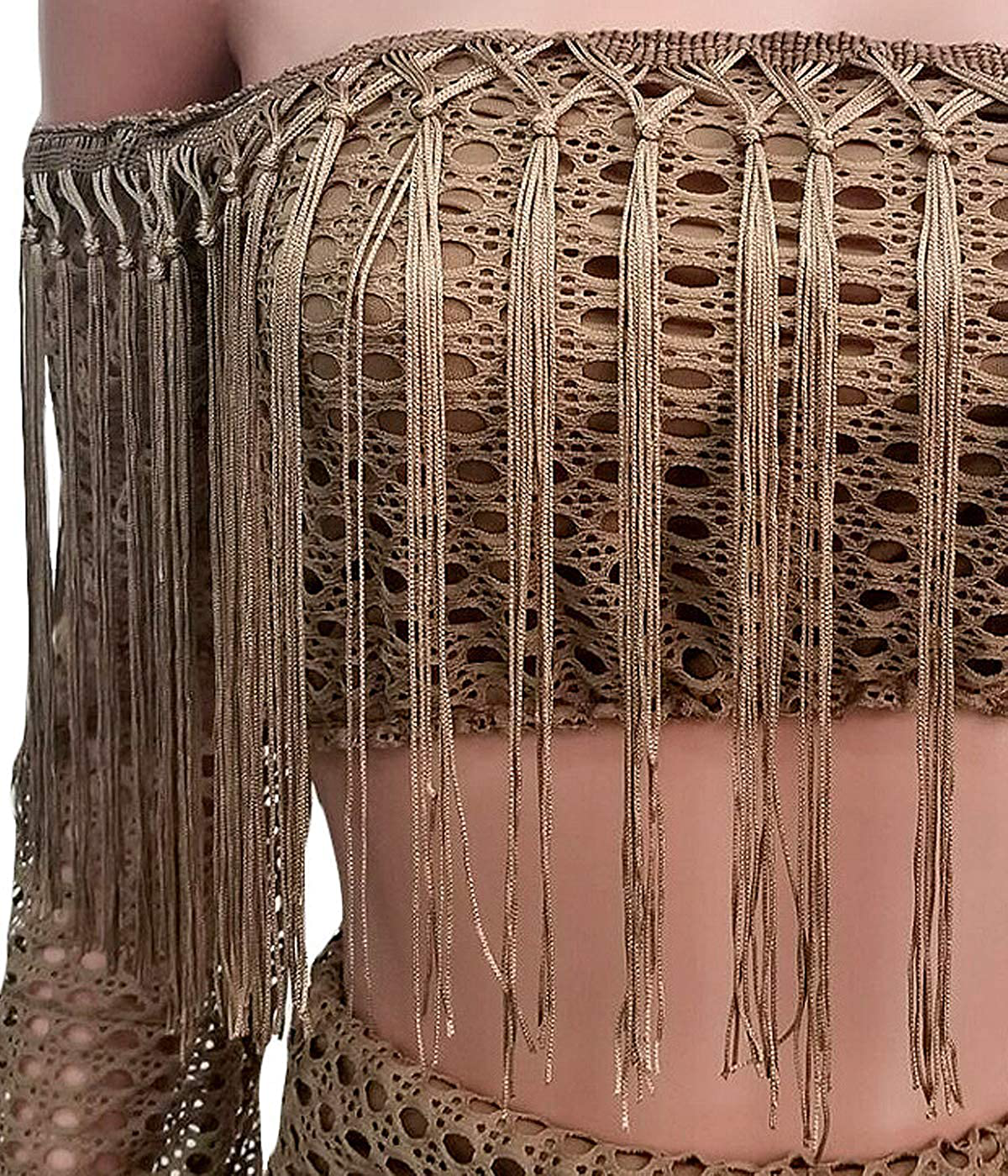 Women Sexy Tassels Hollow Out 2 Piece Outfits See through off Shoulder Crop Top and Split Maxi Dress Set Bikini Cover Up Apparel & Accessories > Clothing > Swimwear Kylie Max   