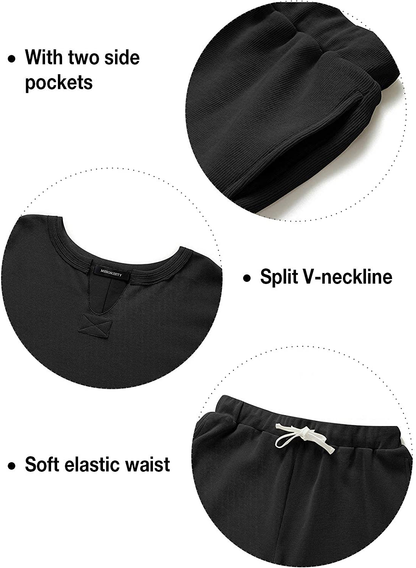 MEROKEETY Women's Long Sleeve Pajama Set Henley Knit Tops and Shorts Sleepwear Loungewear Apparel & Accessories > Clothing > Sleepwear & Loungewear > Pajamas MEROKEETY   