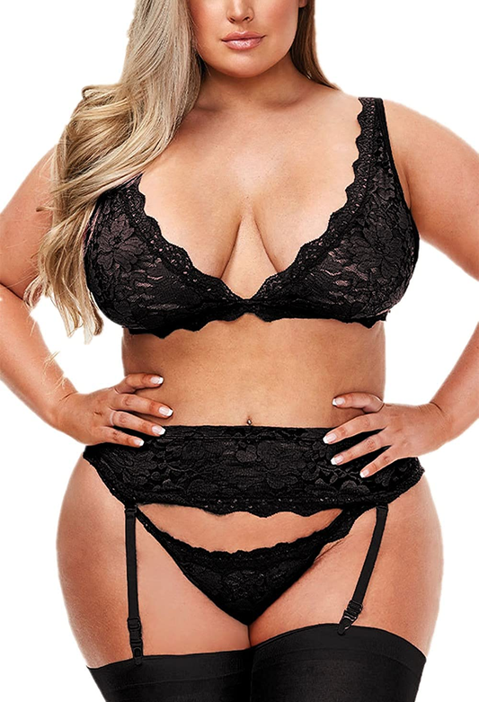 Women plus Size Lingerie 3 Piece Set, Black Floral Lace Bra and High Waist Garter Belt with Thong Apparel & Accessories > Clothing > Underwear & Socks > Lingerie KYLIE MAX Black 3X-Large 