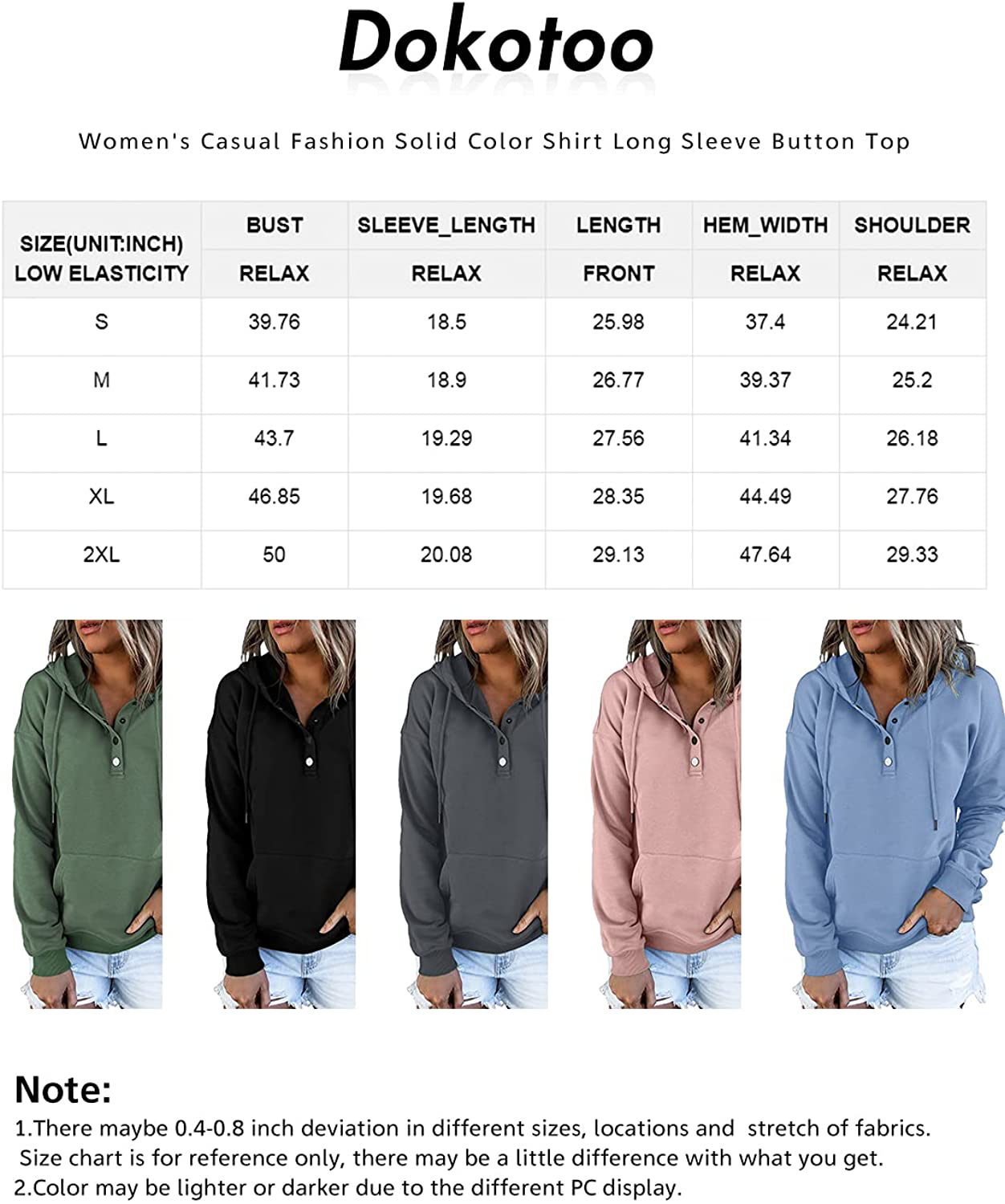 Dokotoo Womens Casual Button Collar Drawstring Long Sleeve Hoodies Pullover Sweatshirts Hooded Tops Apparel & Accessories > Clothing > Activewear Kylie Max   