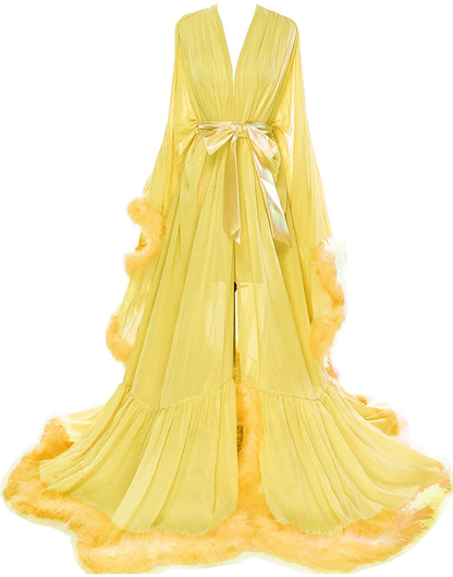 Molisa Women'S Sexy Feather Bridal Robe Long Wedding Scarf Illusion Bathrobe Sleepwear Lingerie Robe Nightgown Apparel & Accessories > Clothing > Sleepwear & Loungewear > Robes Molisa Yellow Large-X-Large 
