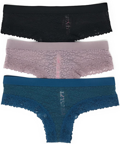 Victoria'S Secret Pink Cheekster Panty Set of 3  Victoria's Secret Lace Black / Mauve / Teal X-Large 