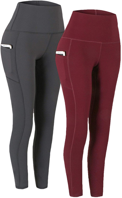 Fengbay 2 Pack High Waist Yoga Pants, Pocket Yoga Pants Tummy Control Workout Running 4 Way Stretch Yoga Leggings Apparel & Accessories > Clothing > Activewear Fengbay Grey & Wine Red Small 
