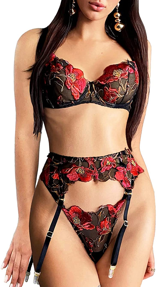 Kaei&Shi Floral Embroidered,Underwire Bra,Thong,3 Piece,Garter Lingerie for Women Apparel & Accessories > Clothing > Underwear & Socks > Lingerie Kaei&Shi   