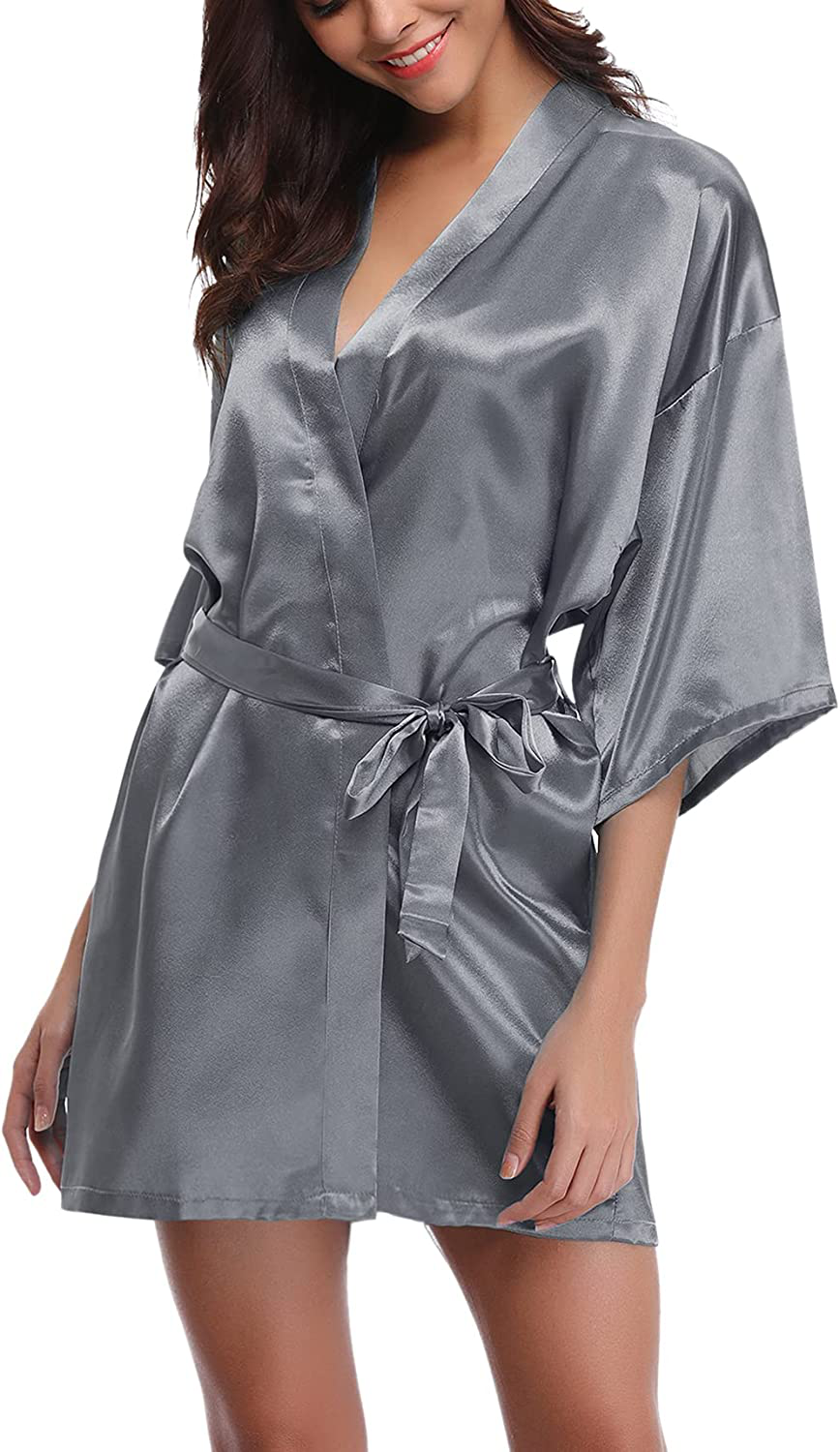 Litherday Women'S Kimono Robe Silk Bathrobe Sleepwear Short Satin Robes for Bridal Bridesmaids Dressing Gown Apparel & Accessories > Clothing > Sleepwear & Loungewear > Robes Litherday Silver Gray X-Large 