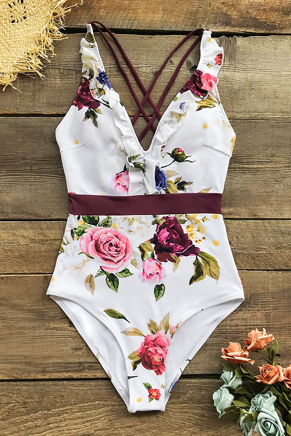CUPSHE Women'S V Neck One Piece Swimsuit Ruffled Back Cross Swimwear Apparel & Accessories > Clothing > Swimwear Kylie Max   