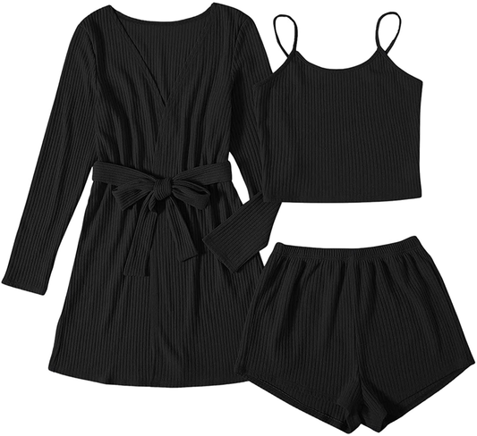 Shein Women'S plus 3Pcs Cami Shorts Ribbed Pajama Set with Long Sleeve Belted Robe Apparel & Accessories > Clothing > Sleepwear & Loungewear Kylie Max   