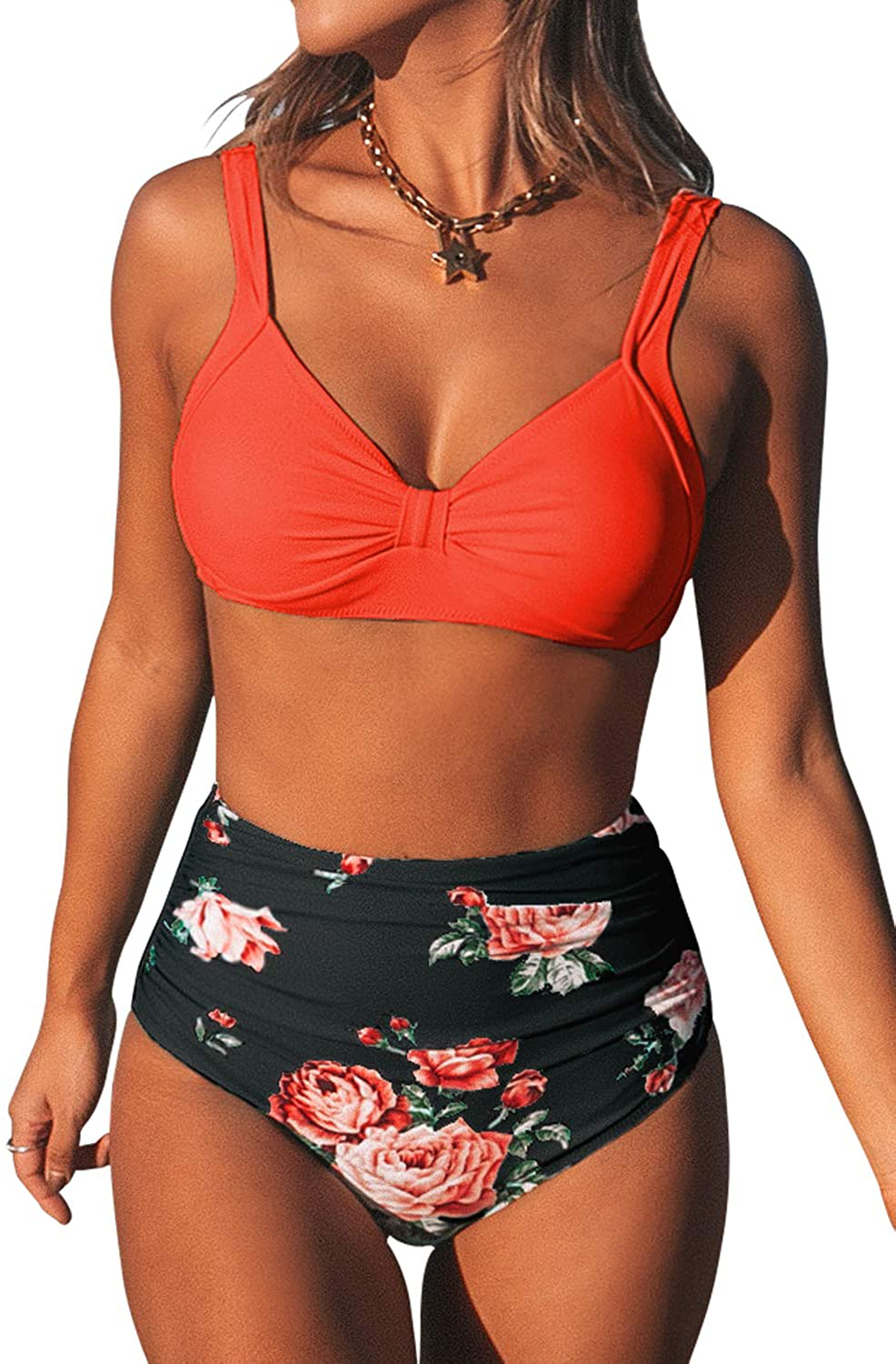 CUPSHE Women's High Waist Bikini Swimsuit Floral Print Knot Two Piece Bathing Suit Apparel & Accessories > Clothing > Swimwear KYLIE MAX Orange Black Small 