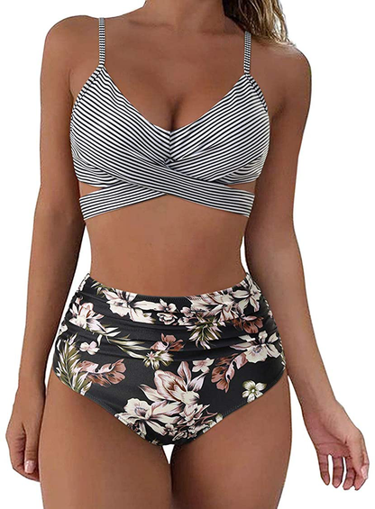 SUUKSESS Women Wrap Bikini Set Push Up High Waisted 2 Piece Swimsuits Apparel & Accessories > Clothing > Swimwear SUUKSESS 87-2 Striped Floral 16-18 
