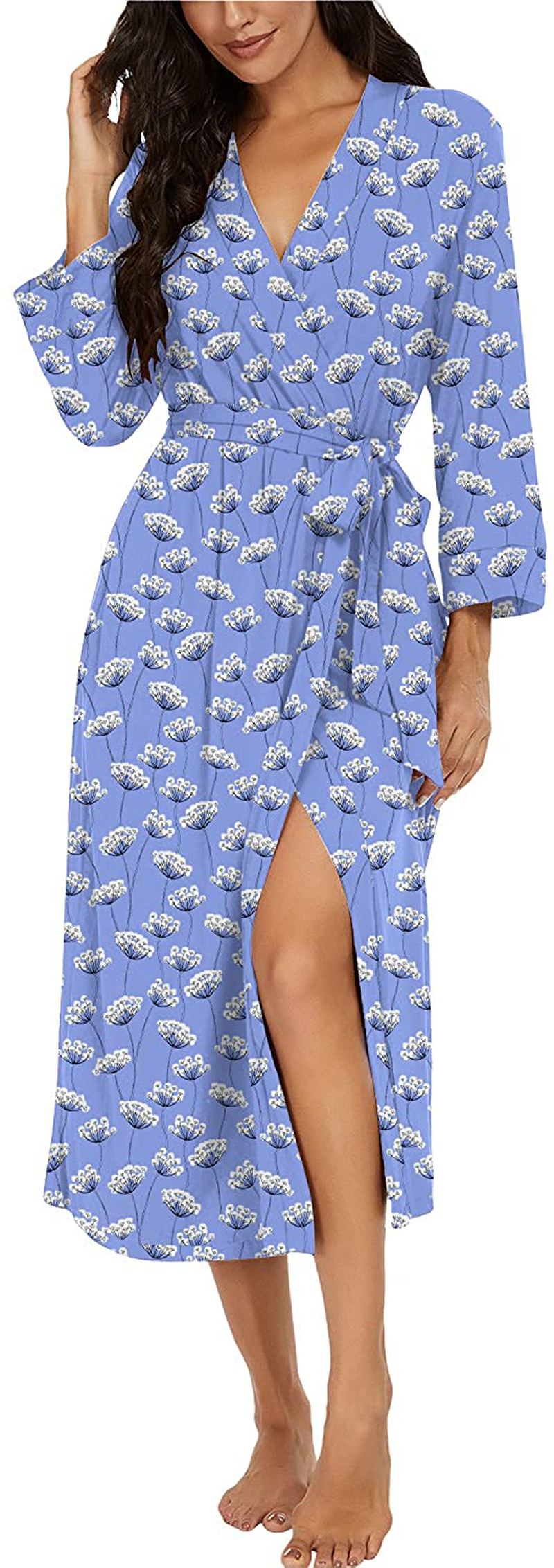 VINTATRE Women Kimono Robes Long Knit Bathrobe Lightweight Soft Knit Sleepwear V-Neck Casual Ladies Loungewear Apparel & Accessories > Clothing > Sleepwear & Loungewear > Robes VINTATRE Dandelion Blue Large 