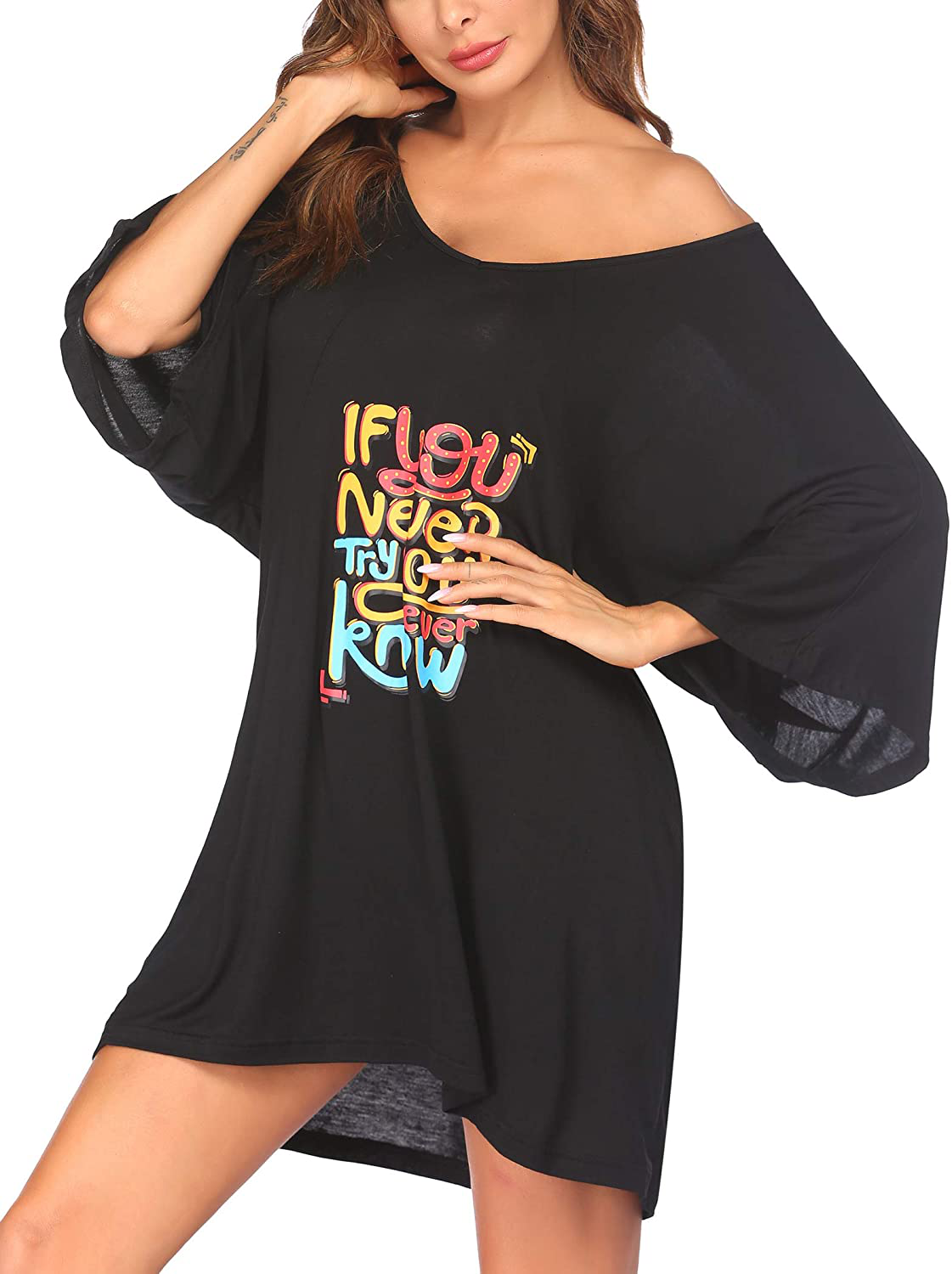 Ekouaer Women'S Sleepshirt Deep V Neck Nightgown Batwing Nightshirt Oversized Sleepwear Loungewear plus Size Apparel & Accessories > Clothing > Sleepwear & Loungewear > Nightgowns Kylie Max   