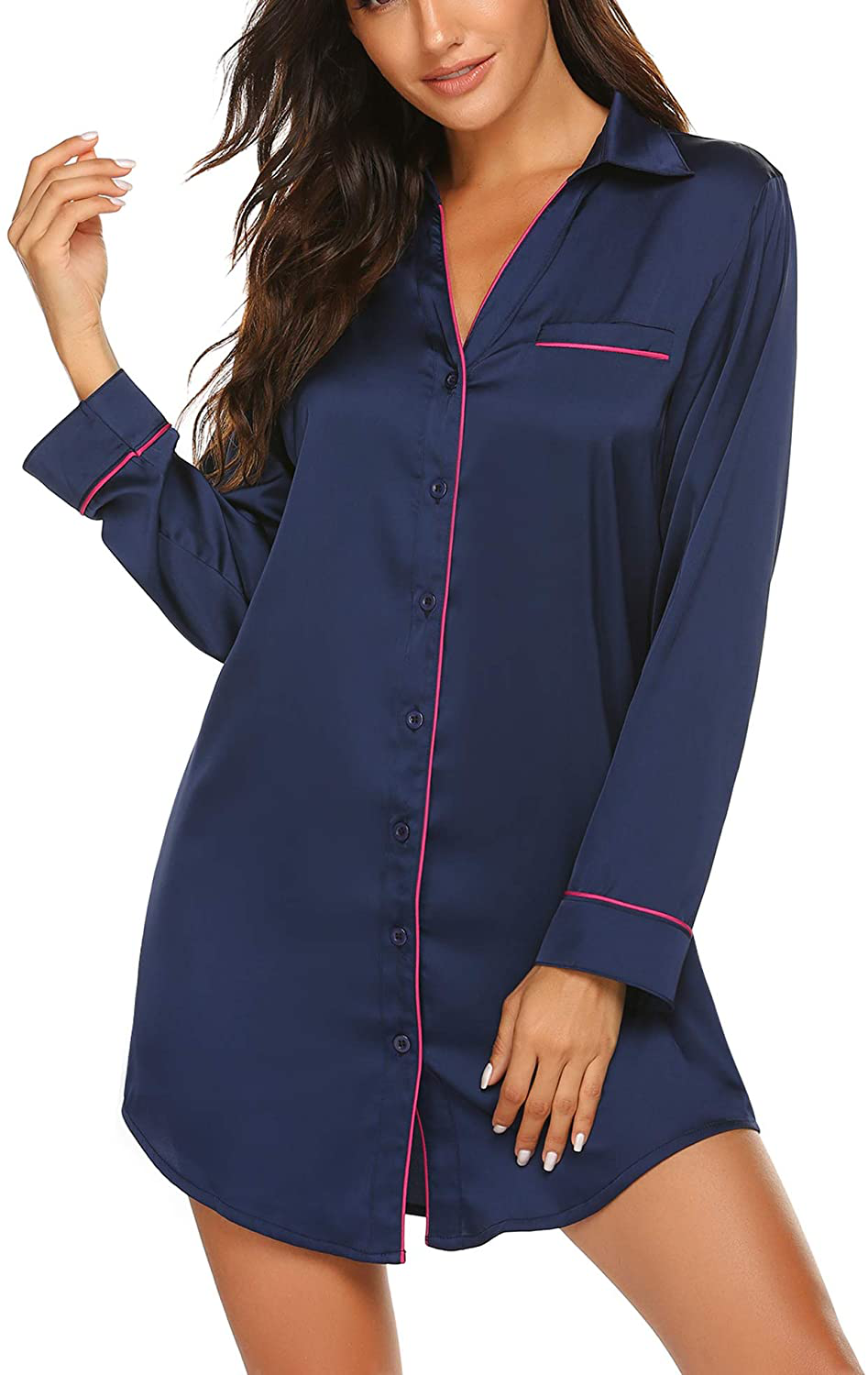 Ekouaer Women'S Long Sleeve Satin Sleepshirt Button down Nightgowns Silk Nightshirt Pajama Top Sleepwear S-XXL Apparel & Accessories > Clothing > Sleepwear & Loungewear > Nightgowns Kylie Max   