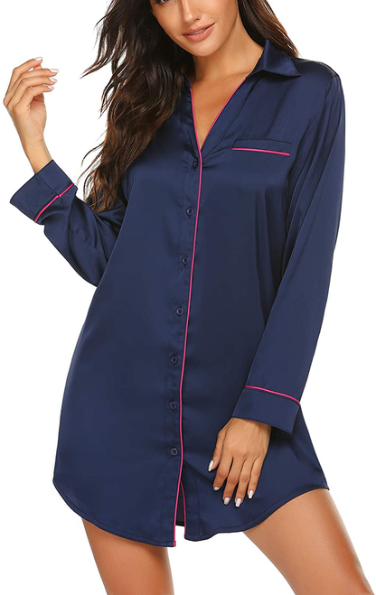 Ekouaer Women'S Long Sleeve Satin Sleepshirt Button down Nightgowns Silk Nightshirt Pajama Top Sleepwear S-XXL Apparel & Accessories > Clothing > Sleepwear & Loungewear > Nightgowns Kylie Max   