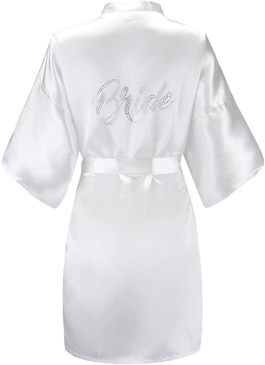 EPLAZA Women'S One Size Silver Rhinestones Bride Bridesmaid Short Satin Robes for Wedding Party Getting Ready Apparel & Accessories > Clothing > Sleepwear & Loungewear > Robes Kylie Max   