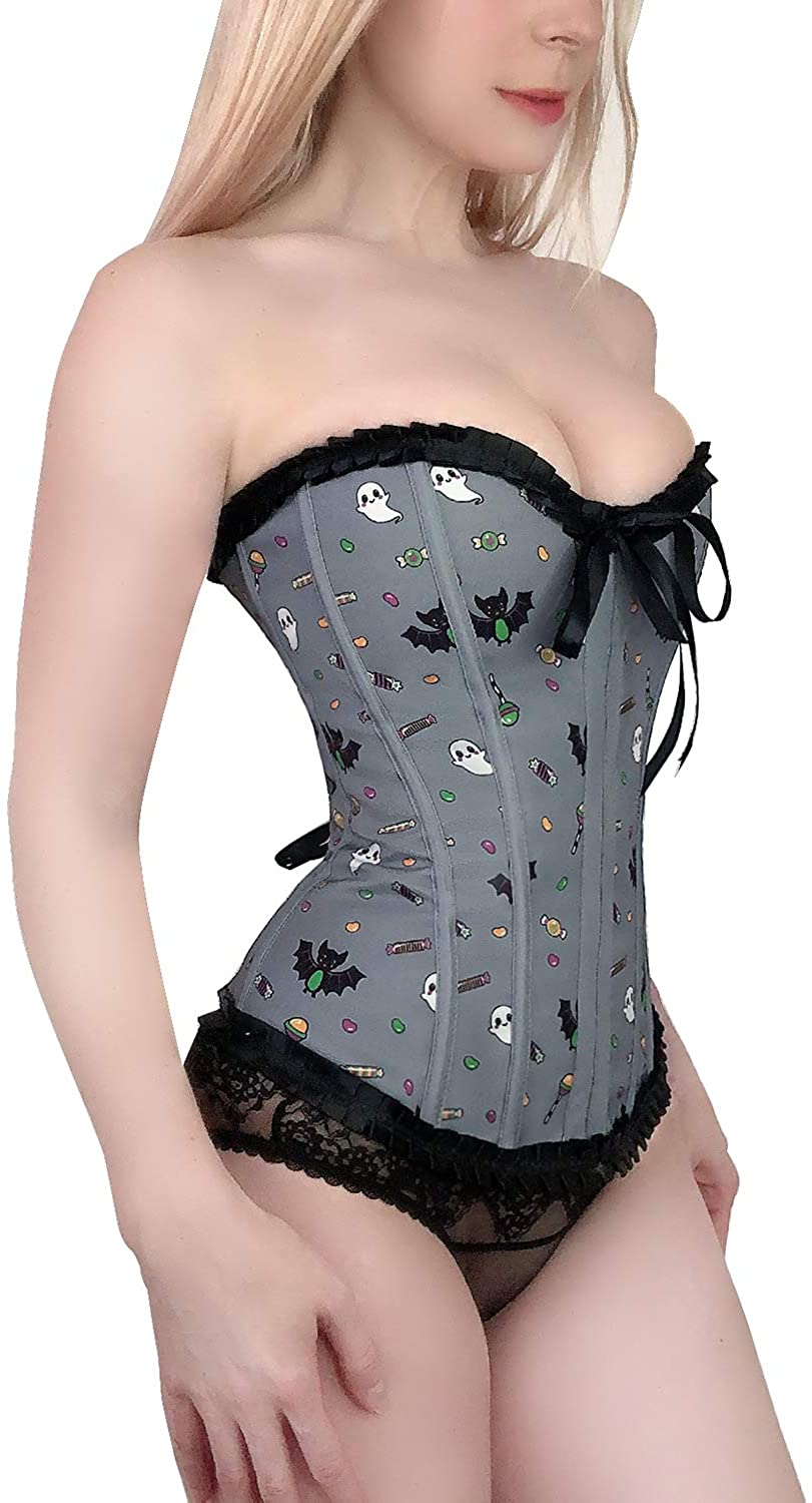 Littleforbig Women'S Lace up Boned Overbust Corset Bustier Bodyshaper Top - Sugar Bat Pattern Apparel & Accessories > Clothing > Underwear & Socks > Lingerie Littleforbig   