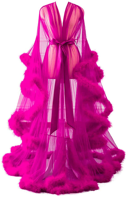 Changuan Sexy Illusion Long Lingerie Robe Nightgown Bathrobe Sleepwear Feather Bridal Robe Wedding Scarf Apparel & Accessories > Clothing > Sleepwear & Loungewear > Robes Changuan   