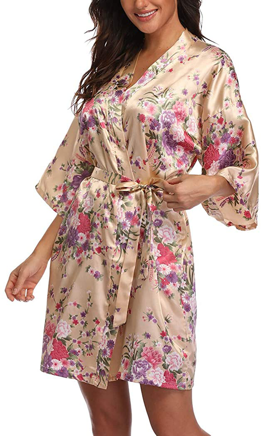 VOGMATE Women'S Floral Satin Short Robe for Bridesmaid Bride Silk Kimono Robe Dressing Gown for Wedding Party Apparel & Accessories > Clothing > Sleepwear & Loungewear > Robes VOGMATE Floral-champagne Gold Small 