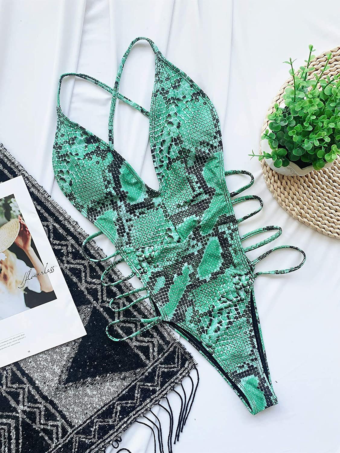 Shein Women'S Snakeskin Bathing Suit One Piece Swimsuit Strappy Bikini Swimwear Apparel & Accessories > Clothing > Swimwear Kylie Max   