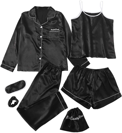 SheIn Women's 7pcs Pajama Set Cami Pjs with Shirt and Eye Mask Apparel & Accessories > Clothing > Sleepwear & Loungewear > Pajamas SheIn Plain Black X-Large 