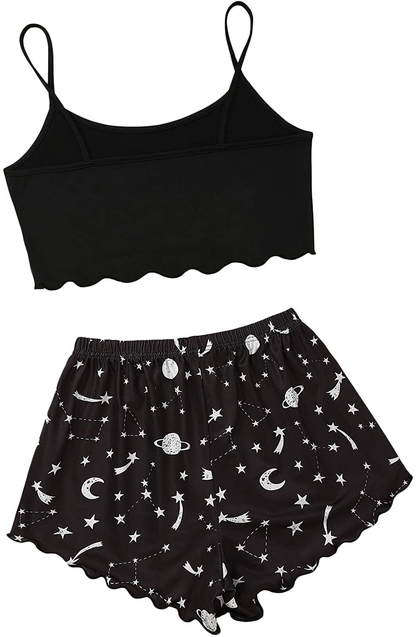 SOLY HUX Women'S Cartoon Print Lettuce Trim Cami Top and Shorts Cute Pajama Set Sleepwear Apparel & Accessories > Clothing > Sleepwear & Loungewear Kylie Max   