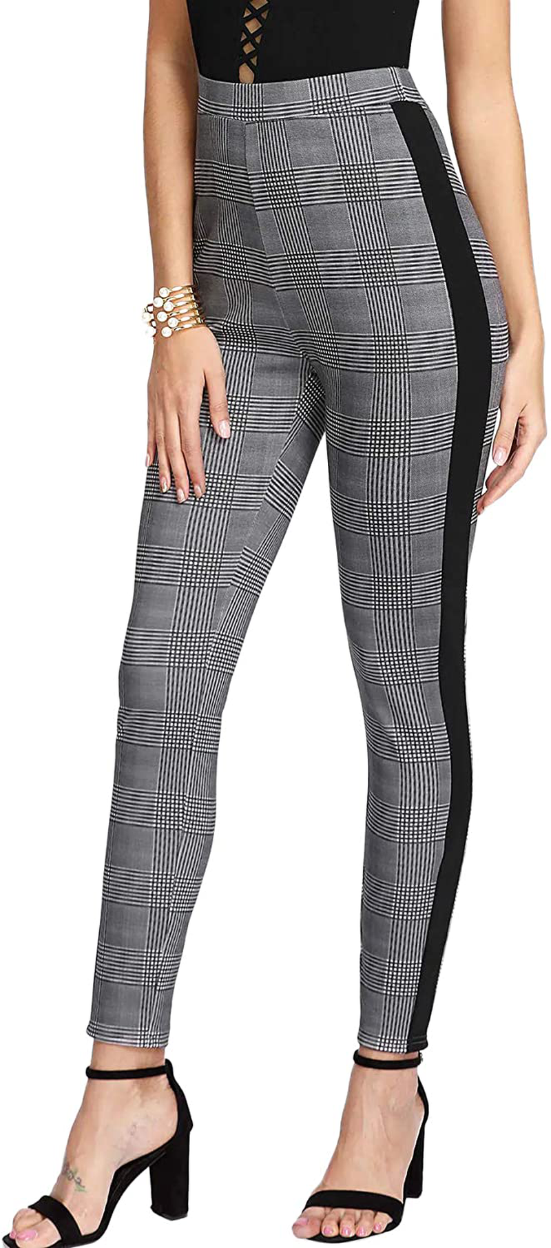 SweatyRocks Women's Casual Skinny Leggings Stretchy High Waisted Work Pants Apparel & Accessories > Clothing > Activewear SweatyRocks Grey Plaid Black Medium 