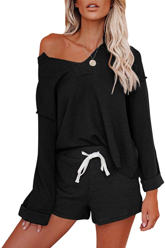 MEROKEETY Women's Long Sleeve Pajama Set Henley Knit Tops and Shorts Sleepwear Loungewear Apparel & Accessories > Clothing > Sleepwear & Loungewear > Pajamas MEROKEETY Black Large 