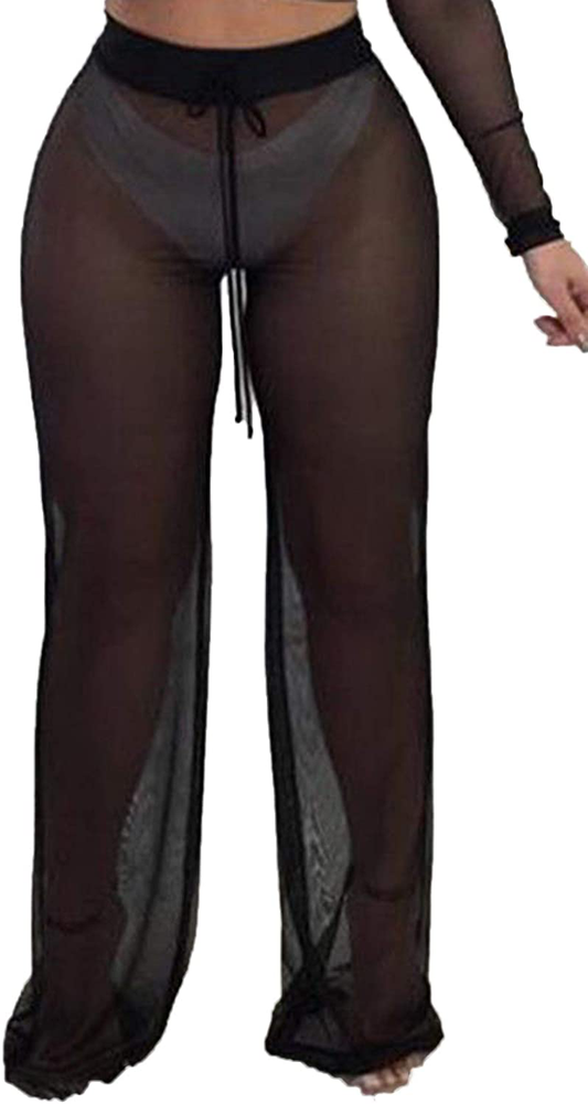 Awoscut Women See through Sheer Mesh Pants Beach Swimsuit Bikini Bottom Cover up Party Club Elastic High Waist Wide Leg Pants Apparel & Accessories > Clothing > Swimwear Kylie Max   