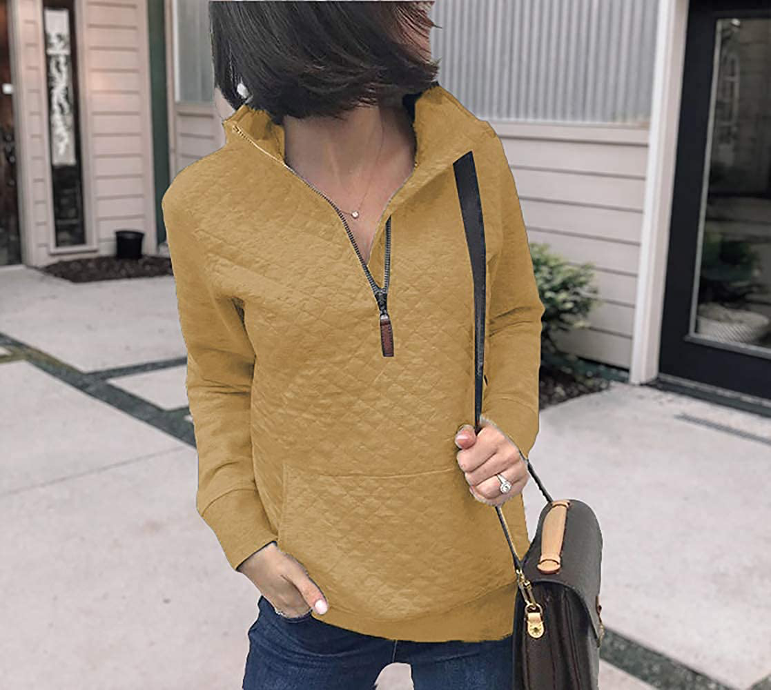 BTFBM Women Fashion Quilted Pattern Lightweight Zipper Long Sleeve Plain Casual Ladies Sweatshirts Pullovers Shirts Tops Apparel & Accessories > Clothing > Activewear Kylie Max   