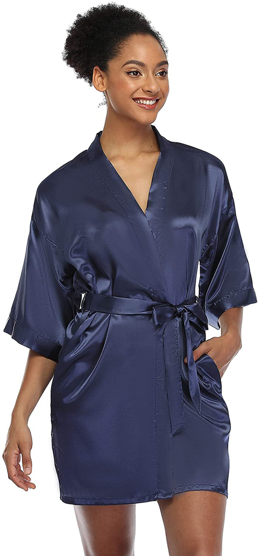 SUGAR JAN Women'S Short Satin Kimono Robes for Bride and Bridesmaids Silky Pure Color Bathrobe with Pockets Apparel & Accessories > Clothing > Sleepwear & Loungewear > Robes SUGAR JAN Navy XX-Large 