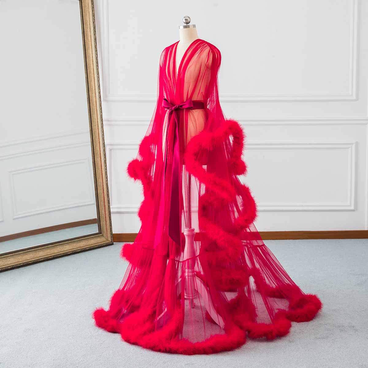 Changuan Sexy Illusion Long Lingerie Robe Nightgown Bathrobe Sleepwear Feather Bridal Robe Wedding Scarf Apparel & Accessories > Clothing > Sleepwear & Loungewear > Robes Changuan   