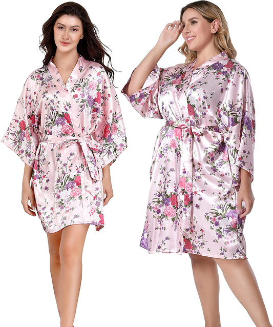 EPLAZA Women Floral Satin Robe Bridal Dressing Gown Wedding Bride Bridesmaid Kimono Sleepwear Apparel & Accessories > Clothing > Sleepwear & Loungewear > Robes EPLAZA   