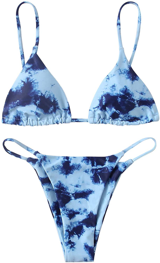 SOLY HUX Women's Print Tie Back Triangle Bikini Bathing Suits 2 Piece Swimsuits Apparel & Accessories > Clothing > Swimwear SOLY HUX Blue Tie Dye Medium 