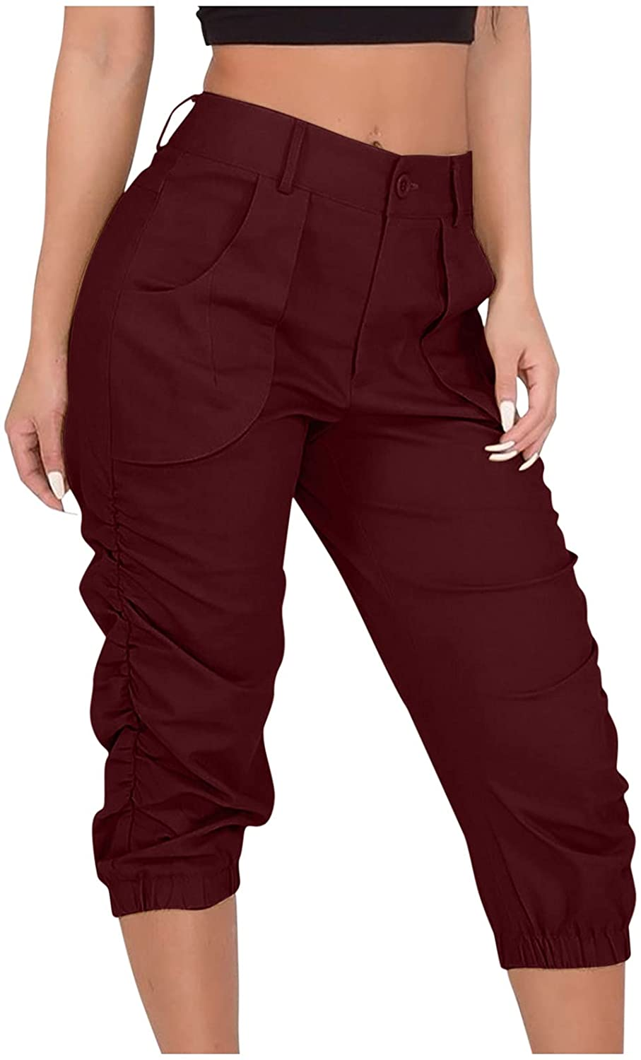 Burband Womens Jersey Capris Cargo Sweatpants Drawstring Waist Cropped Jogger Athletic Sports Gym Pants with Side Pockets Apparel & Accessories > Clothing > Underwear & Socks > Shapewear Burband Red Small 