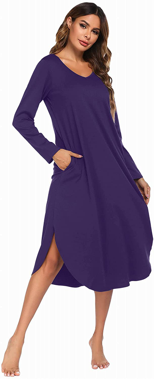 Ekouaer Nightgowns Womens V Neck Nightshirts Long Sleeve Sleepwear plus Size Night Wear S-XXL Apparel & Accessories > Clothing > Sleepwear & Loungewear > Nightgowns Kylie Max   