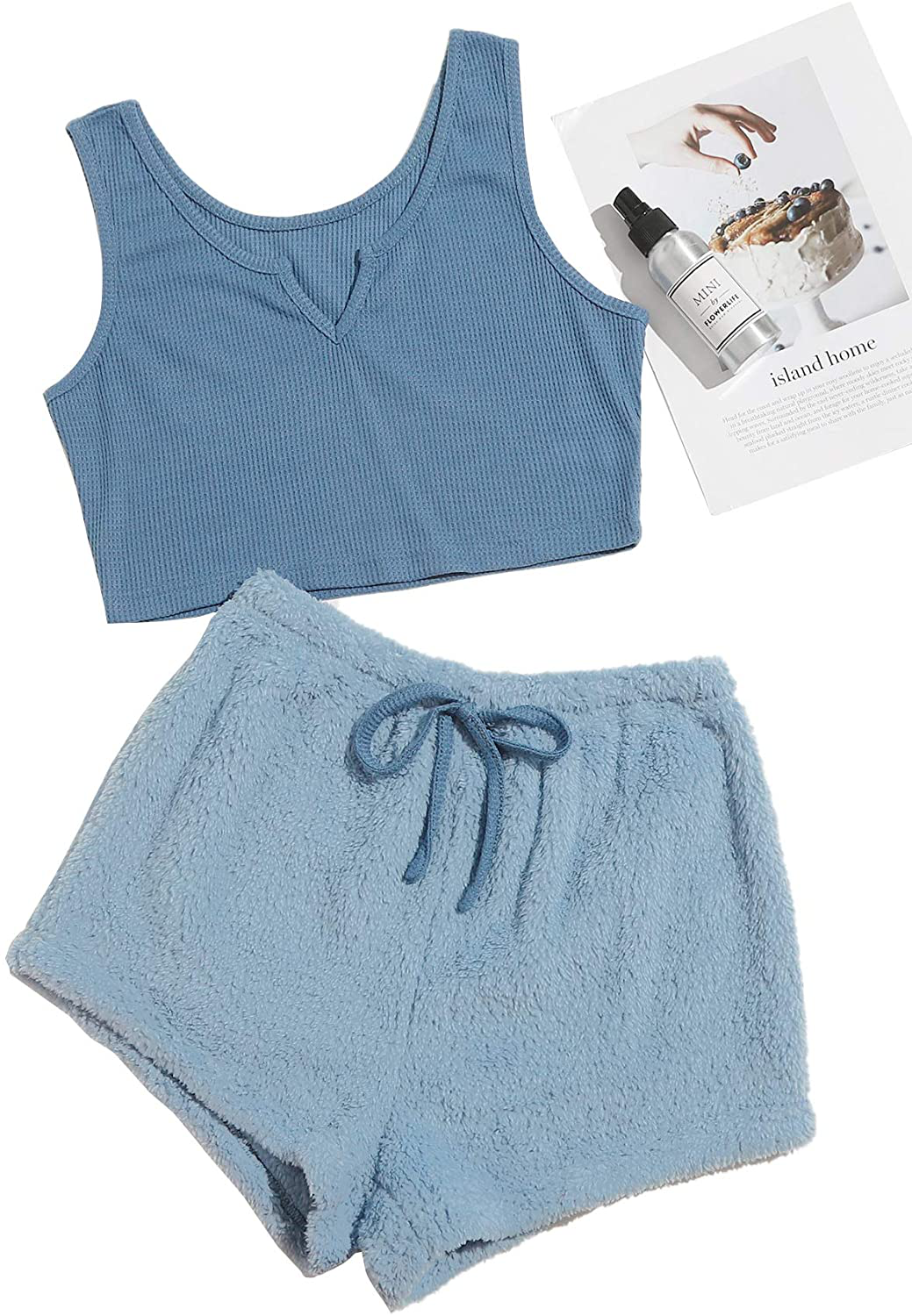 Verdusa Women'S 2 Piece PJ Set Notched Tank Top & Teddy Shorts Fuzzy Lounge Pajama Set Apparel & Accessories > Clothing > Sleepwear & Loungewear Kylie Max   