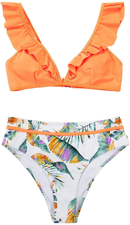 CUPSHE Women's Orange Floral Bottom Ruffle Hook Closure Bikini Set Apparel & Accessories > Clothing > Swimwear CUPSHE Orange Large 