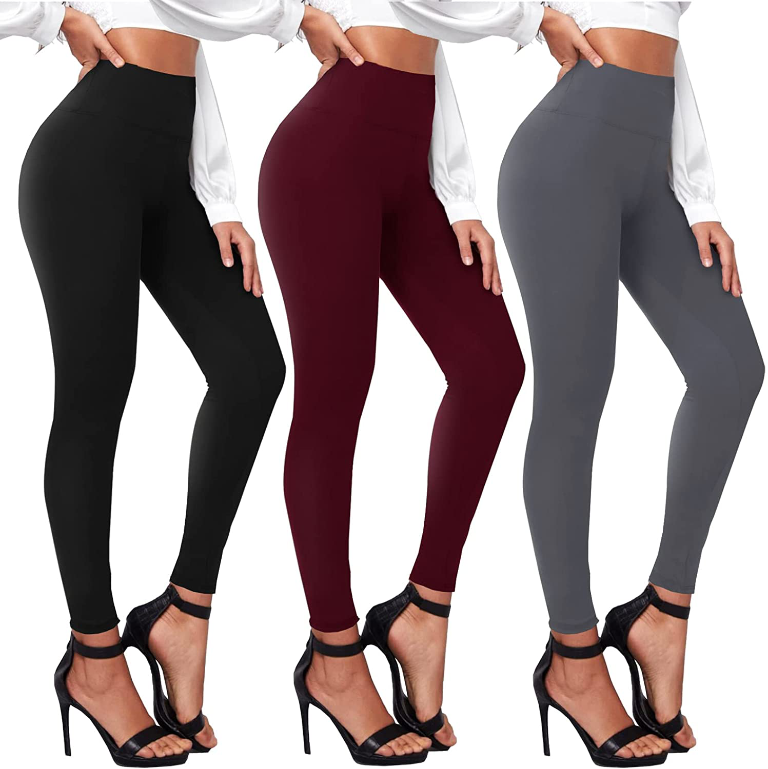TNNZEET 3 Pack High Waisted Leggings for Women - Buttery Soft Workout Running Yoga Pants Apparel & Accessories > Clothing > Activewear TNNZEET Black/ Burgundy/ Dark Grey Small-Medium 